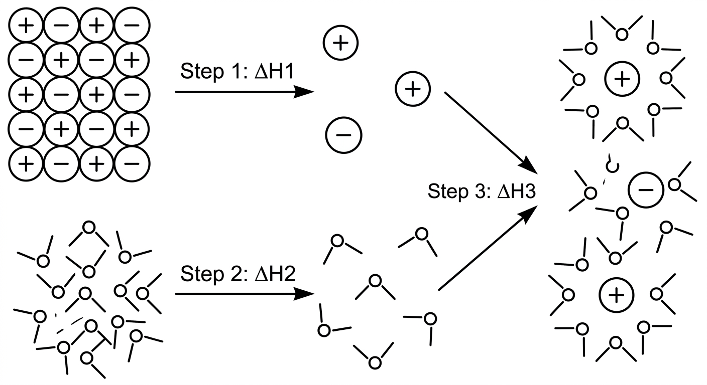 Particulate diagram showing the three steps of dissolution: breaking solute bonds, breaking solvent bonds, and forming solute-solvent bonds.