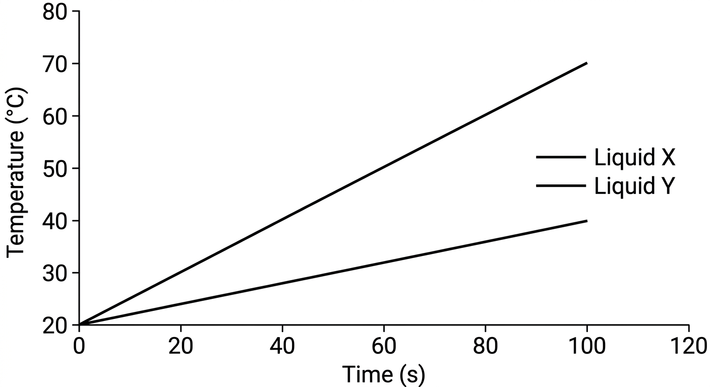 Line graph showing Temperature vs. Time for two liquids. Liquid X's temperature increases much faster than Liquid Y's temperature over the same time period.