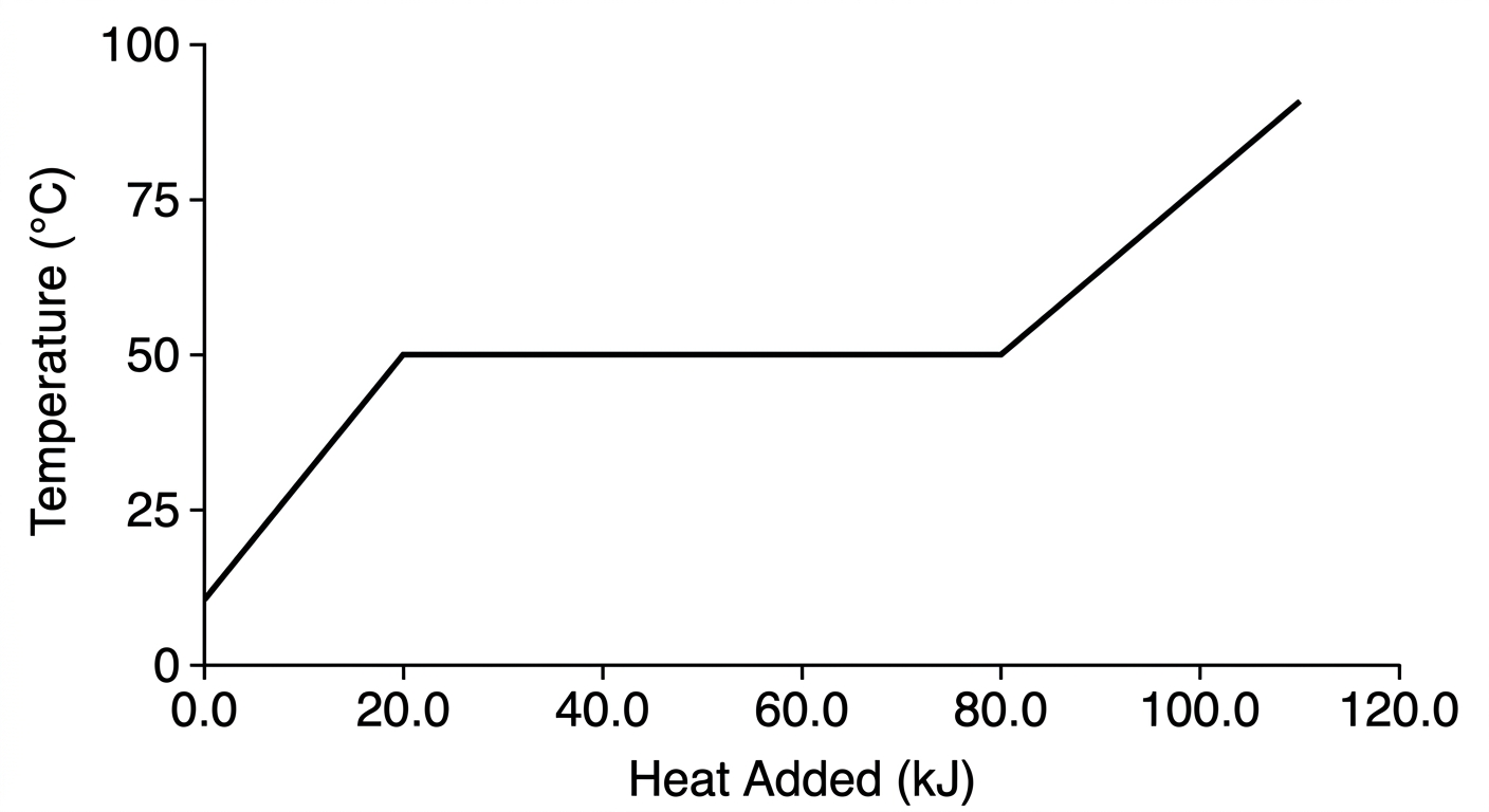 Heating curve showing a temperature plateau at 50 degrees Celsius between 20.0 kJ and 80.0 kJ of heat added.