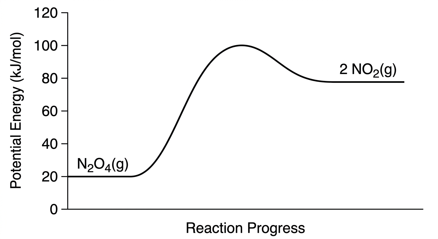 Energy profile diagram showing reactants at 20 kJ/mol, an activation energy peak at 100 kJ/mol, and products at 78 kJ/mol.
