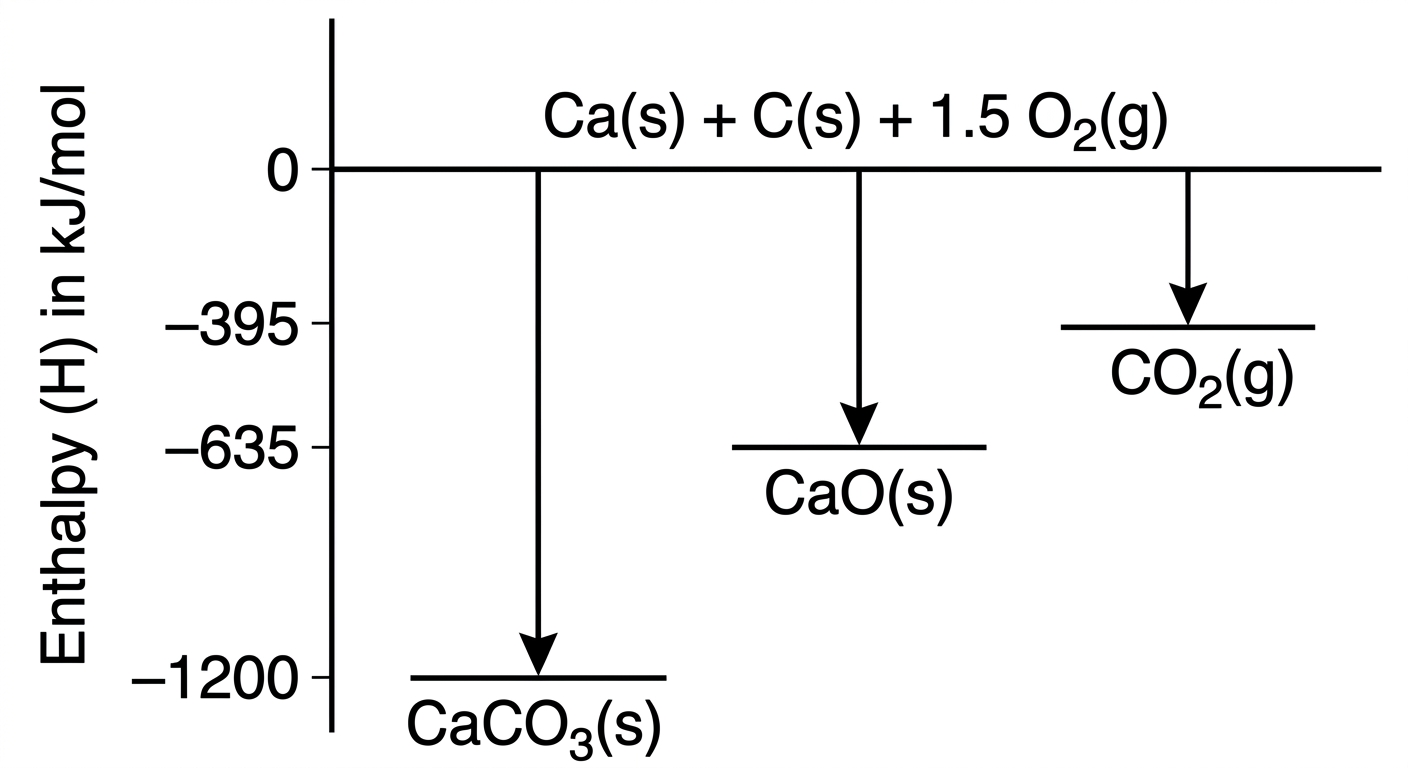 Enthalpy diagram showing elements at 0, CaCO3 at -1200, CaO at -635, and CO2 at -395 kJ/mol.