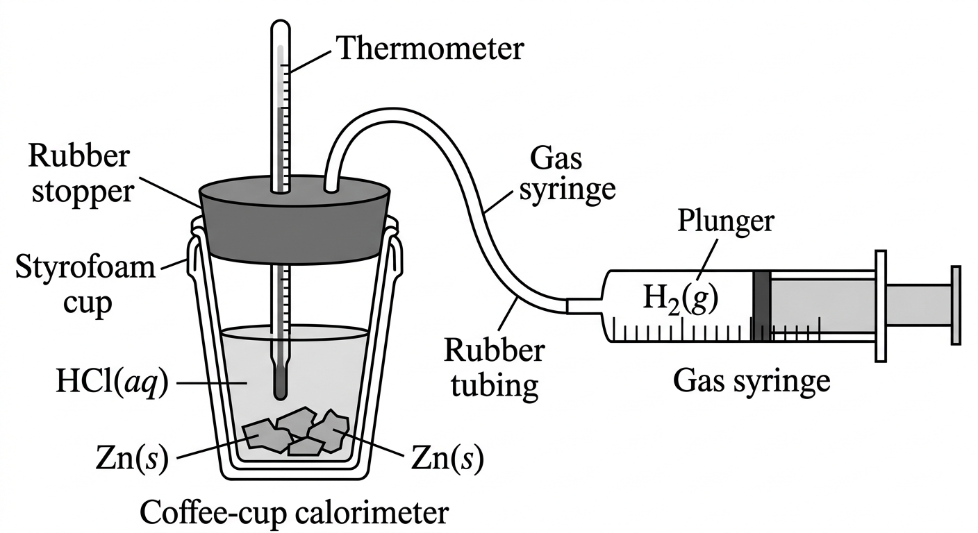 Diagram of a coffee-cup calorimeter connected by tubing to a gas syringe, used to measure temperature change and gas volume simultaneously.