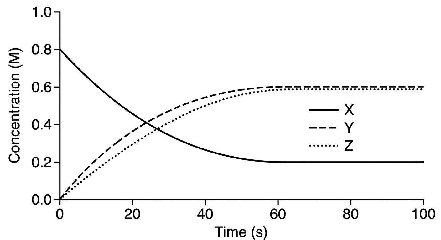 Concentration versus time graph showing reactant X decreasing and products Y and Z increasing until all concentrations plateau at equilibrium.