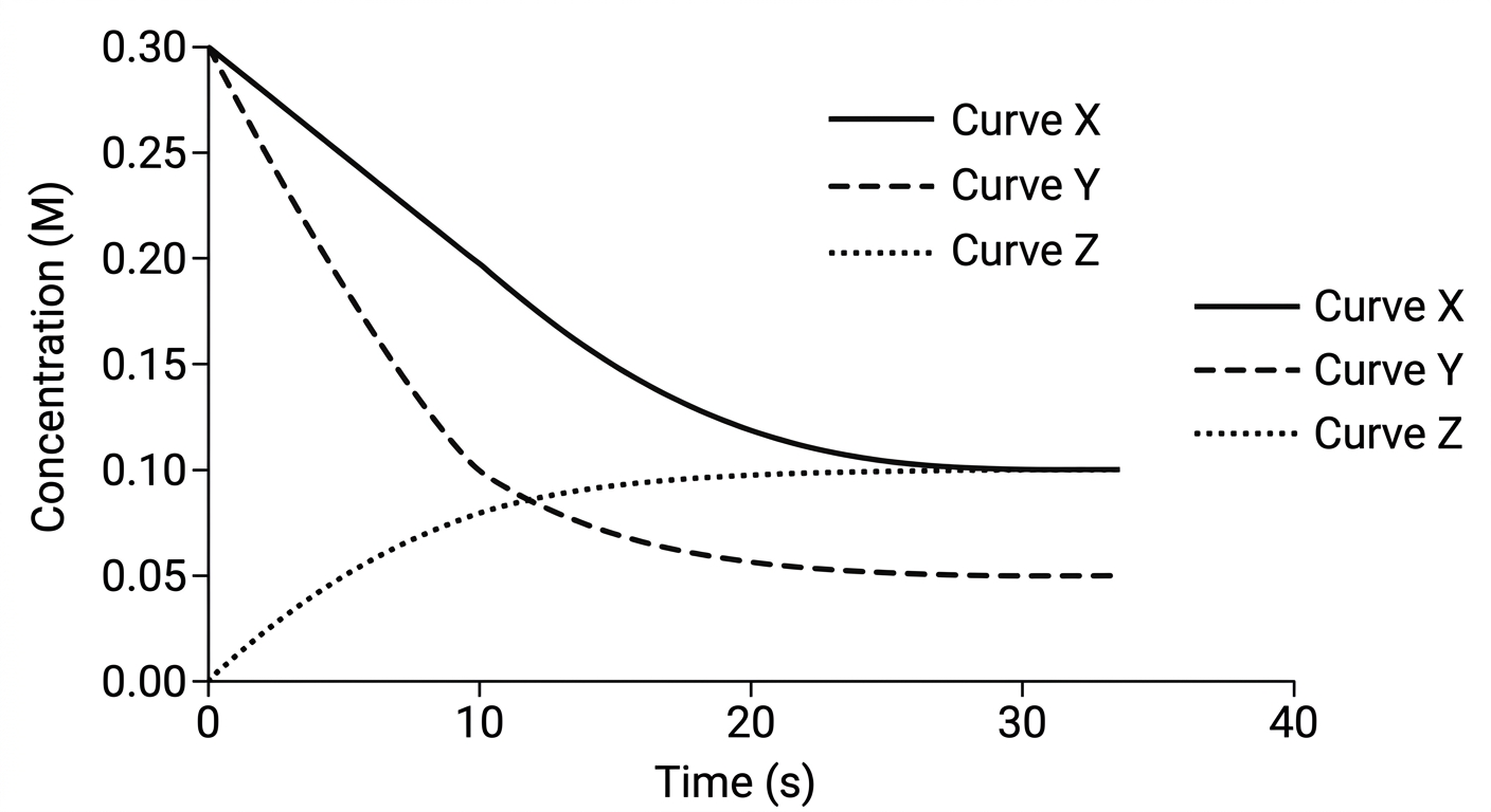 Concentration versus time graph showing reactants X and Y decreasing and product Z increasing until they plateau at 30 seconds.