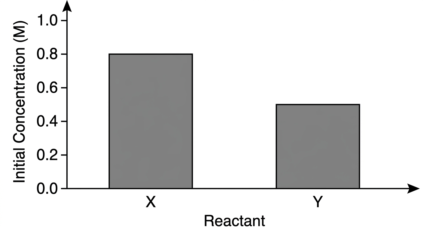 Bar chart showing initial concentration of reactant X is 0.8 M and reactant Y is 0.5 M.
