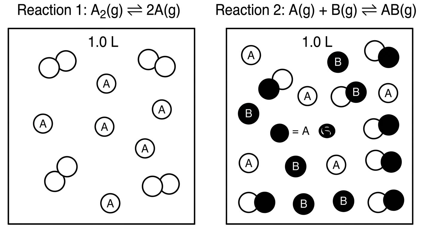 Particulate models of two equilibrium mixtures showing relative amounts of reactants and products.
