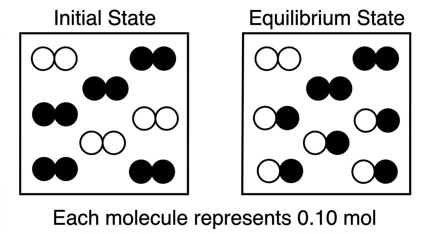 Particulate diagram showing an initial state with 4 X2 and 4 Y2 molecules, and an equilibrium state with 2 X2, 2 Y2, and 4 XY molecules.