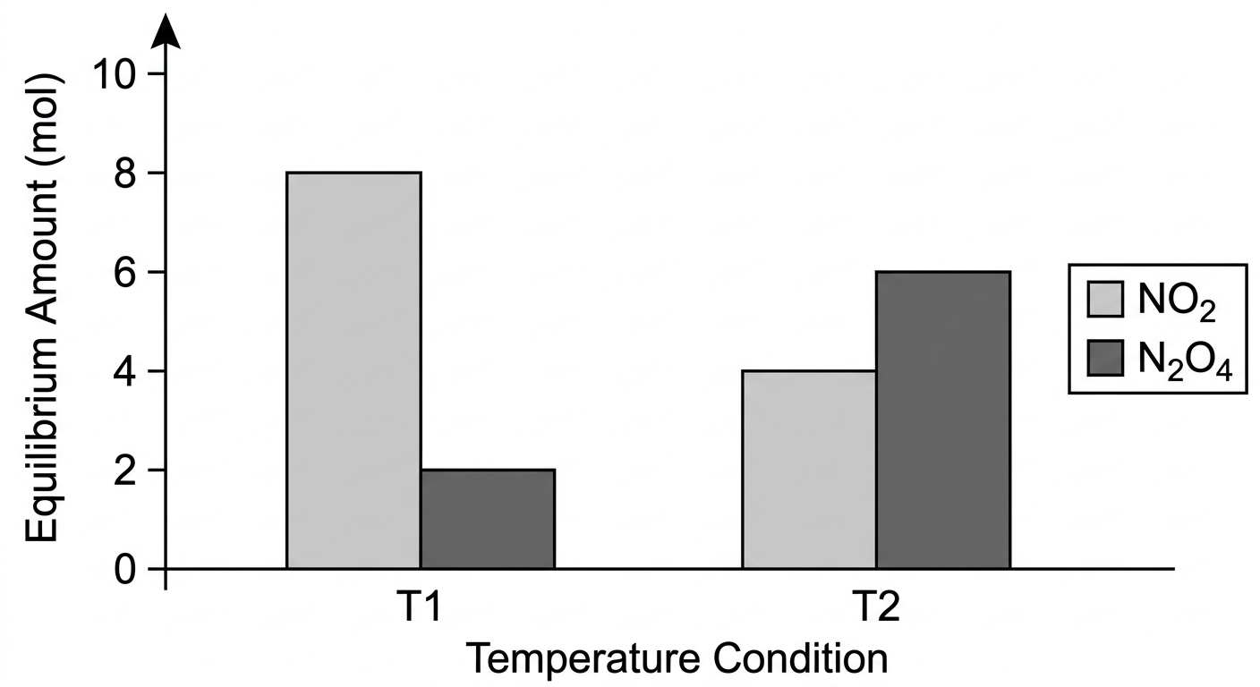 Bar chart showing NO2 and N2O4 moles at T1 (8 mol NO2, 2 mol N2O4) and T2 (4 mol NO2, 6 mol N2O4).