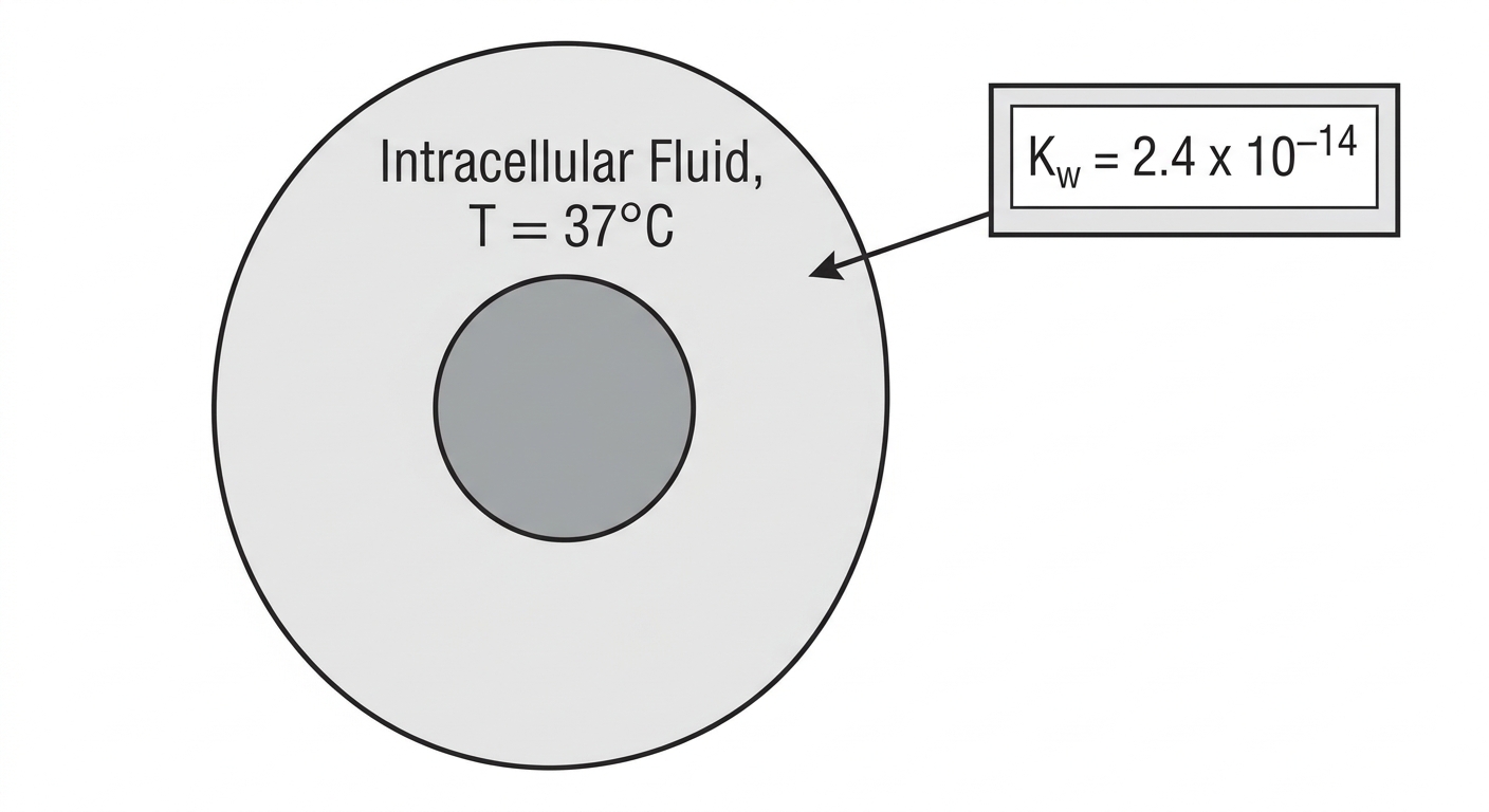 Diagram of a cell highlighting the intracellular fluid at 37 degrees Celsius with a Kw value of 2.4 times 10 to the negative 14.