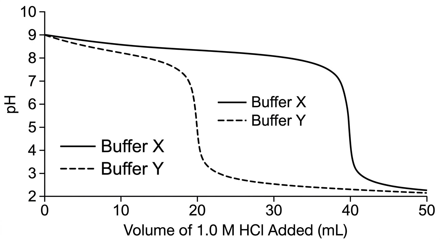 Titration curves for Buffer X and Buffer Y showing rapid pH drops at 40 mL and 20 mL of added HCl, respectively.