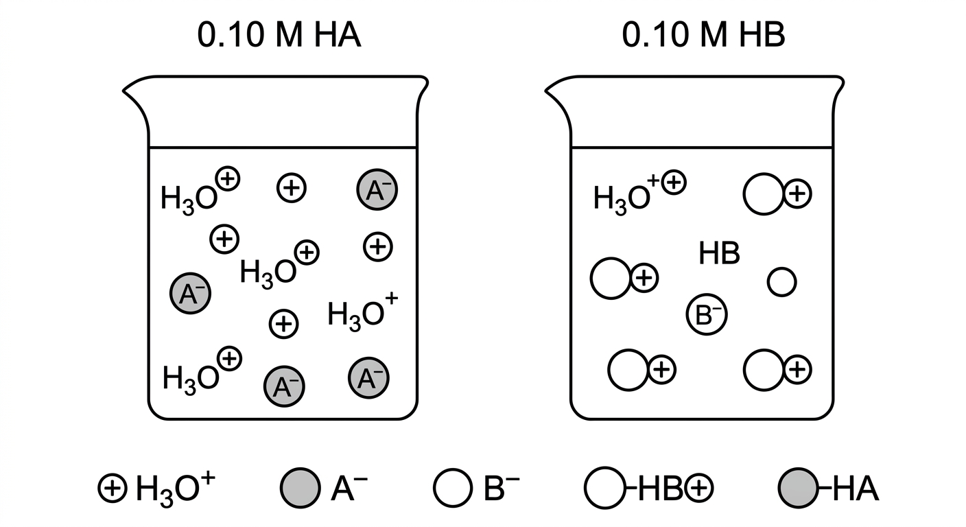 Particulate diagram of two acid solutions. Solution HA shows 100% ionization into ions. Solution HB shows mostly intact molecules with very few ions.