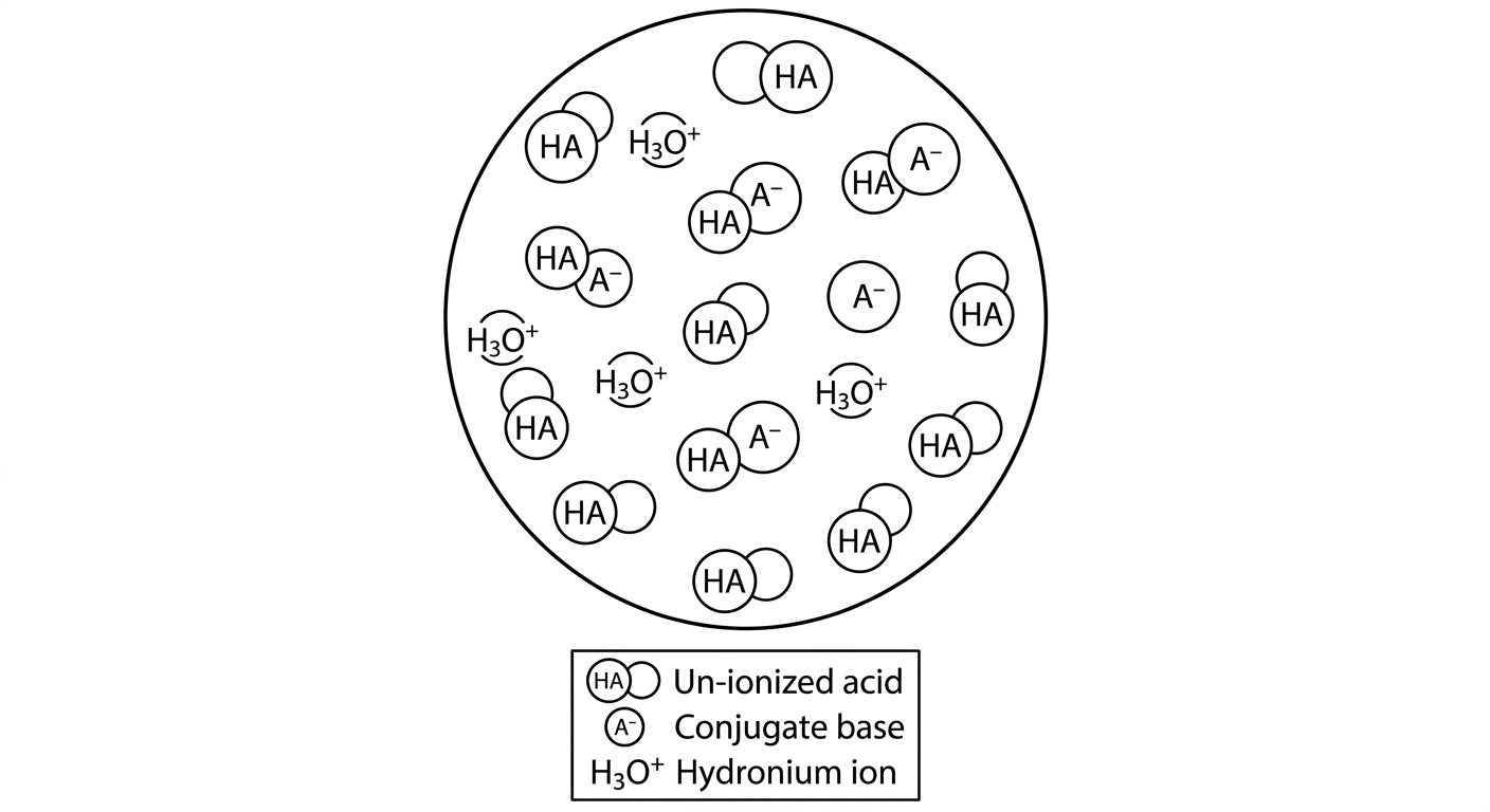Particulate diagram showing mostly intact HA molecules with a few A- and H3O+ ions