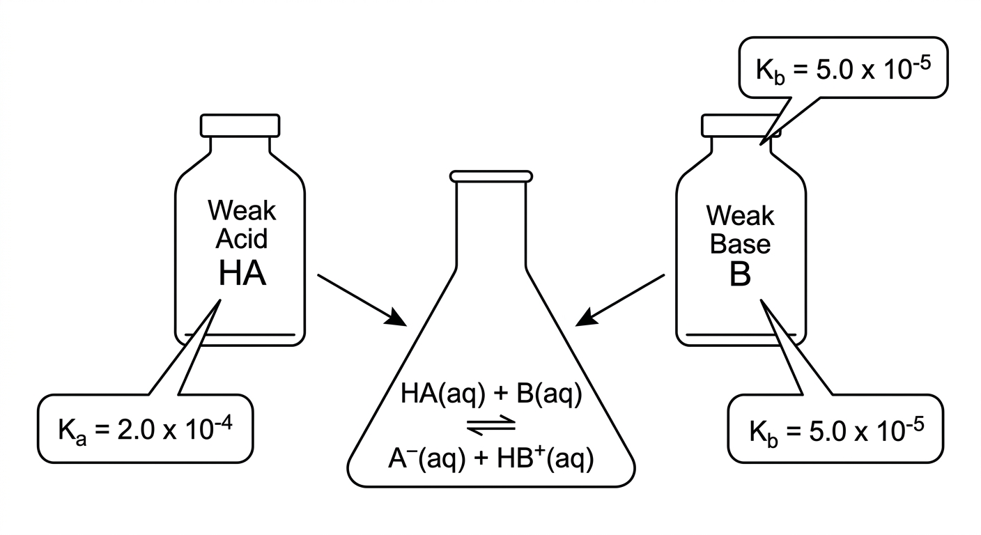 Diagram showing weak acid HA with Ka 2.0 x 10^-4 and weak base B with Kb 5.0 x 10^-5 reacting to form A- and HB+