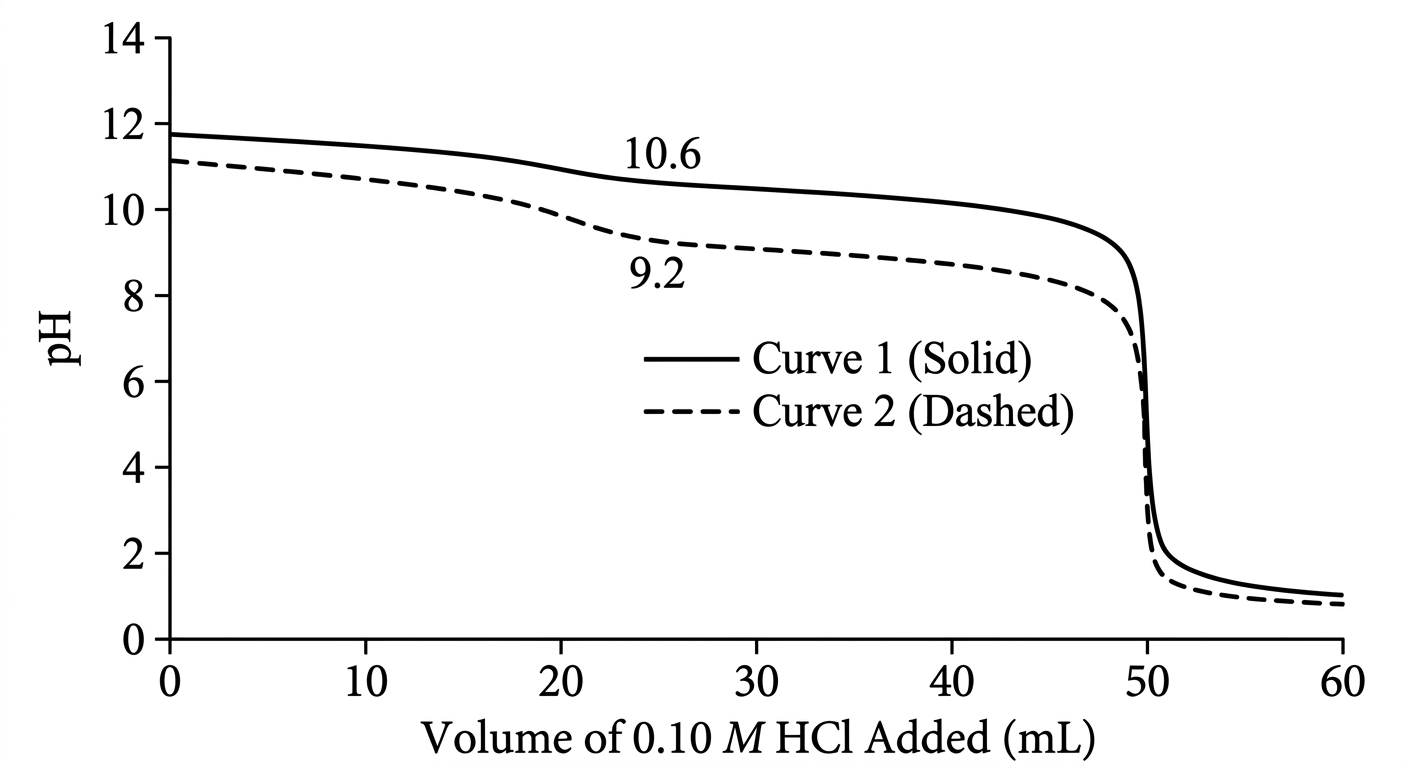 Titration curves for two weak bases, with Curve 1 showing higher pH values than Curve 2 throughout the buffer region