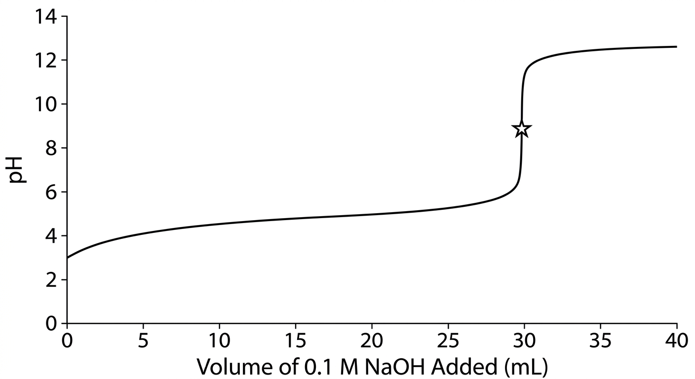 Titration curve showing a buffer region at pH 4.8 and a steep equivalence point at pH 8.8.