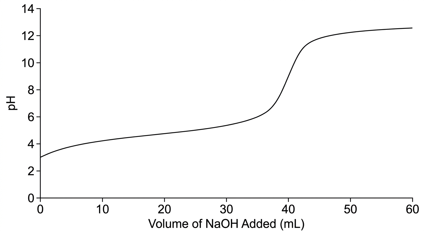 Titration curve of a weak acid with a strong base, showing a buffer region around pH 4.7 and an equivalence point around pH 8.8.