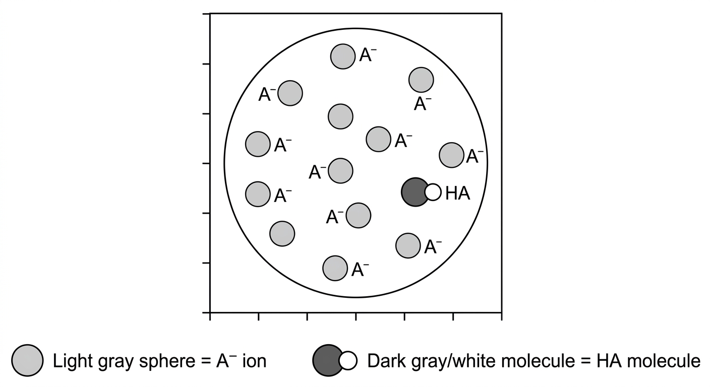 Particulate diagram showing 10 conjugate base ions (A-) and 1 weak acid molecule (HA) in solution.