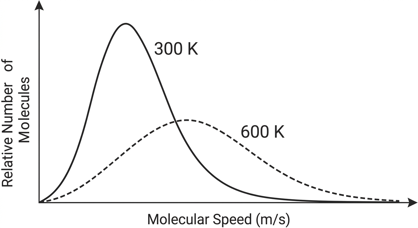 Maxwell-Boltzmann distribution graph showing a tall, narrow peak for 300 K and a shorter, broader peak shifted to the right for 600 K.