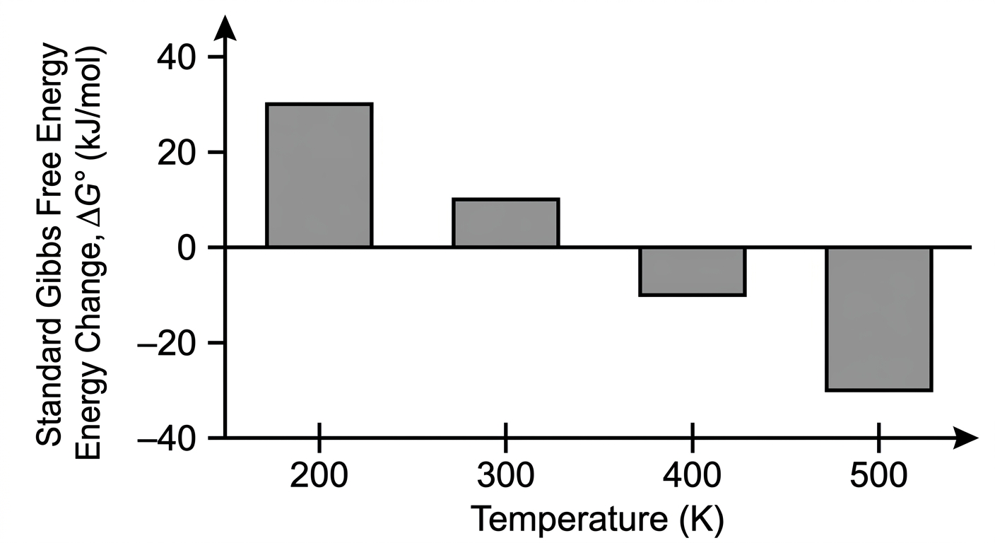 Bar chart showing ΔG° values decreasing from +30 kJ/mol at 200 K to -30 kJ/mol at 500 K, crossing zero between 300 K and 400 K.