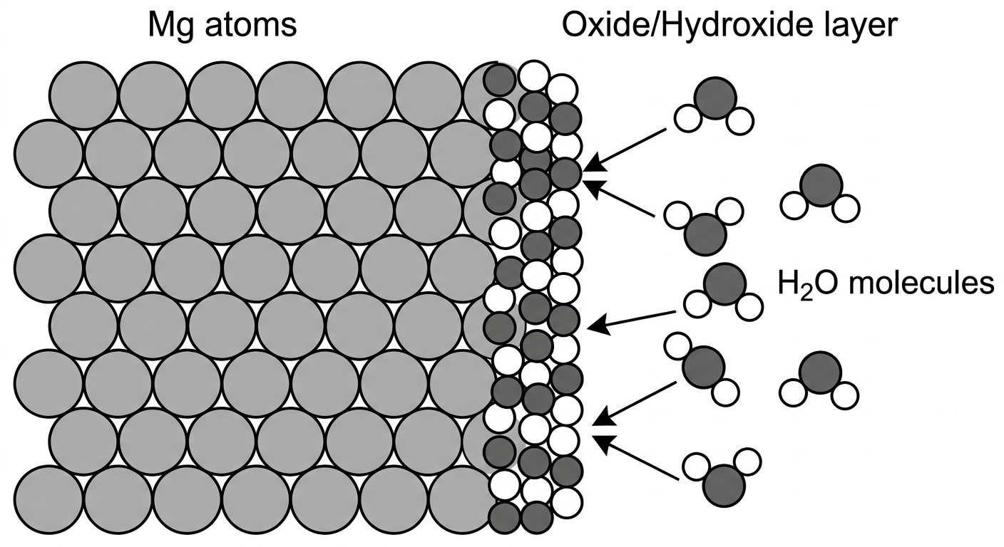 Particulate diagram showing water molecules bouncing off a protective oxide layer that covers solid magnesium atoms.