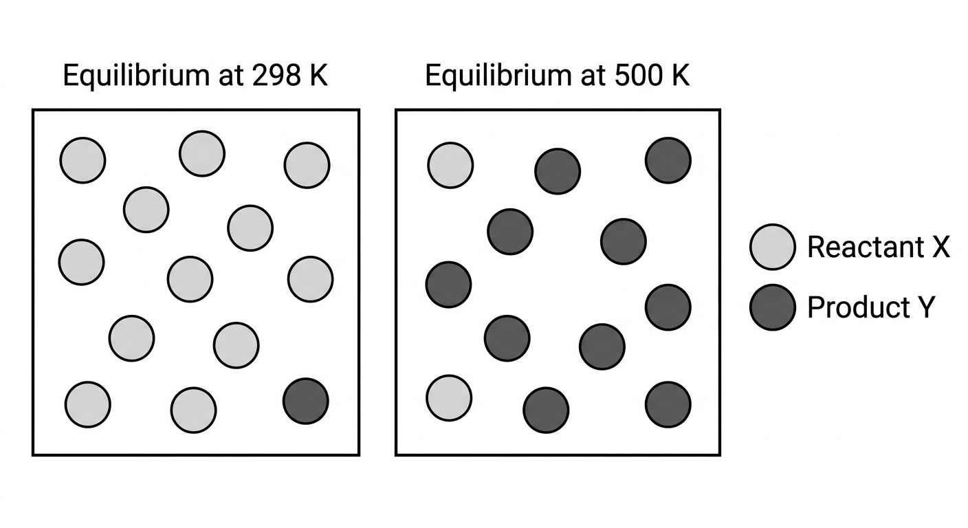 Two boxes showing particles at equilibrium. At 298 K, there are mostly X particles. At 500 K, there are mostly Y particles.