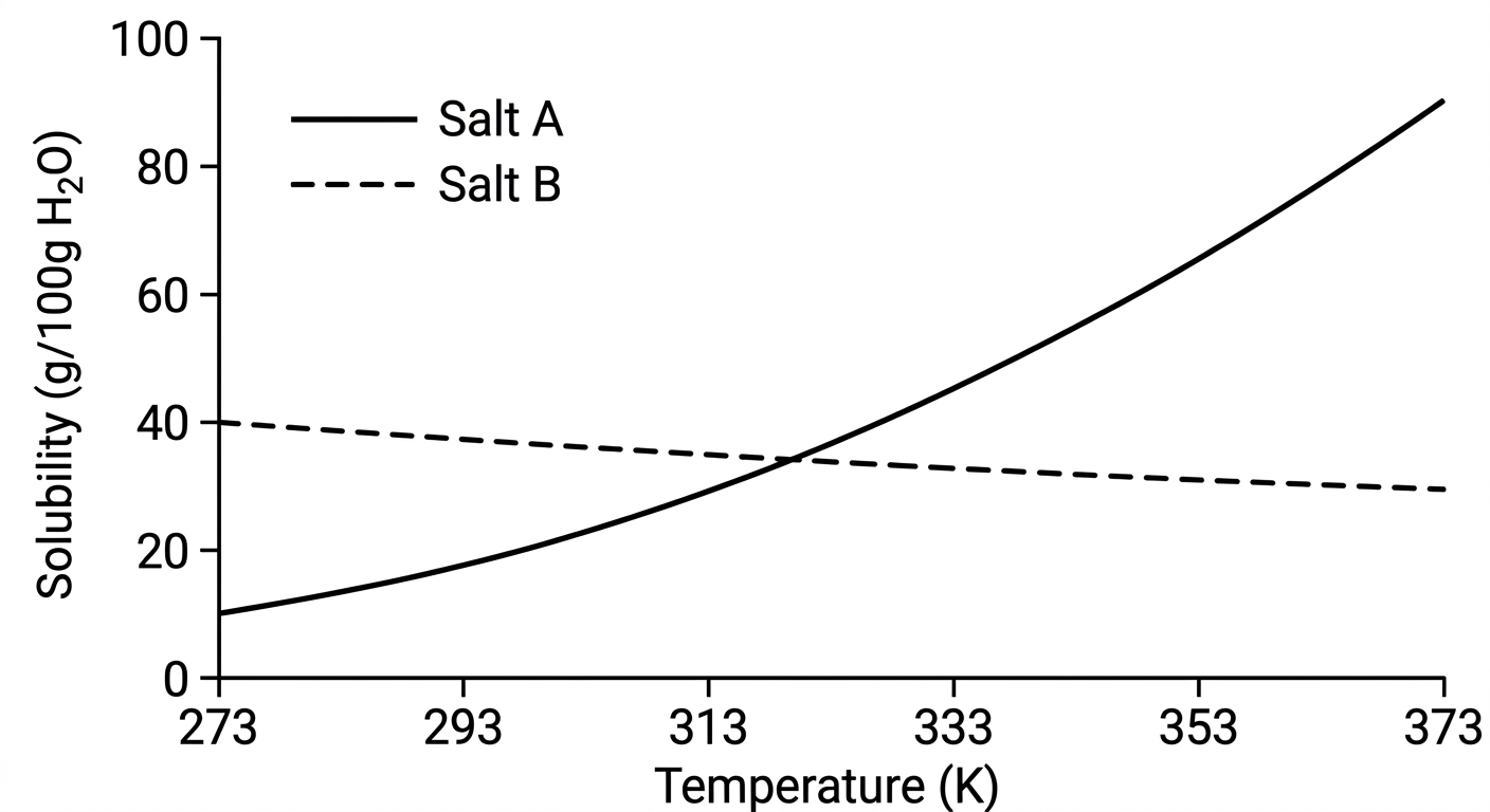 Line graph showing Salt A solubility increasing steeply with temperature, while Salt B solubility decreases slightly with temperature.