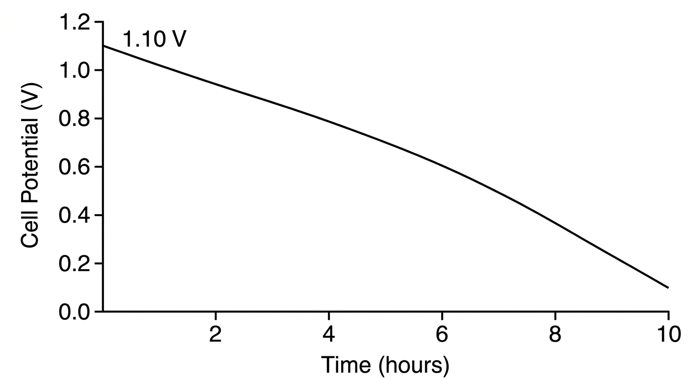 Line graph showing cell potential starting at 1.10 V and steadily decreasing toward 0 V over 10 hours.
