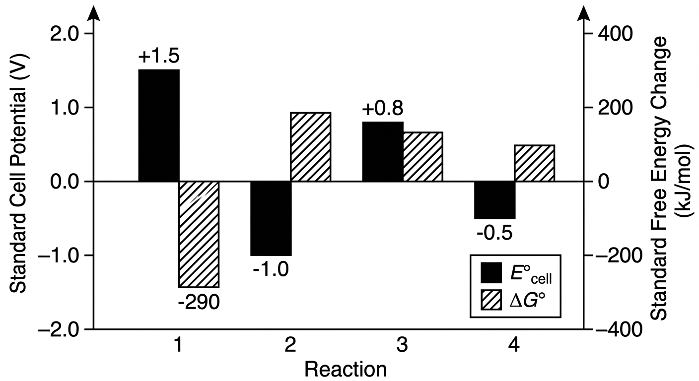 Bar chart showing cell potential and free energy for four reactions, with Reaction 3 showing both values as positive