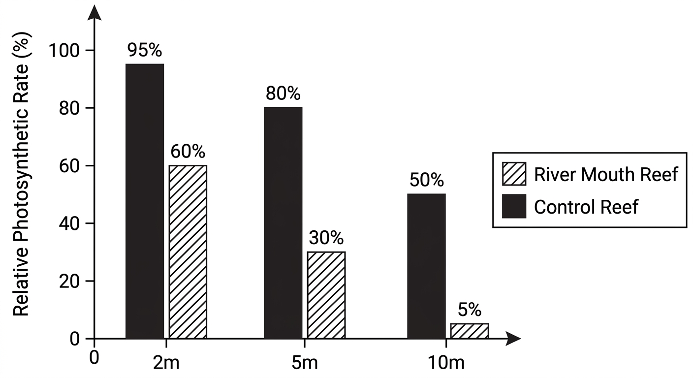 Bar chart showing photosynthetic rates of coral algae decreasing with depth, with significantly lower rates at the river mouth reef compared to the control reef at all depths.