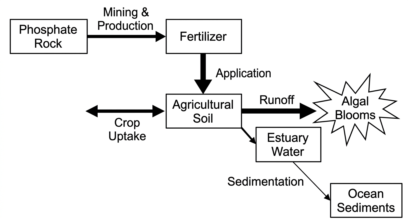 System diagram showing massive fluxes of phosphorus from fertilizer application to soil, and from soil runoff into estuary water causing algal blooms.