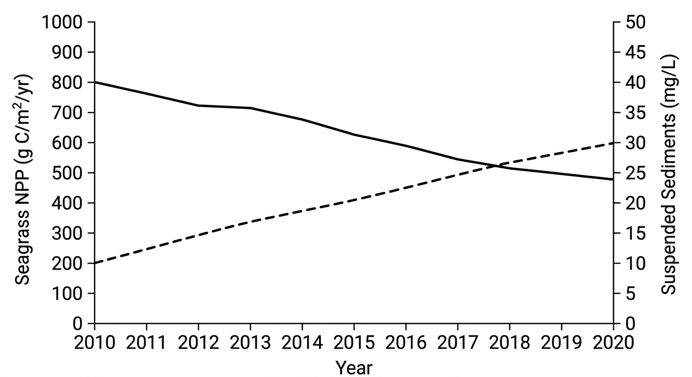 Line graph showing an inverse relationship between rising suspended sediment concentrations and declining seagrass net primary productivity over a 10-year period.