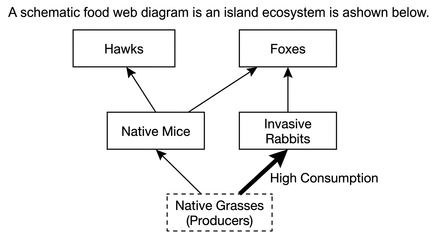 Food web showing invasive rabbits heavily consuming declining native grasses, competing with native mice for producer energy.