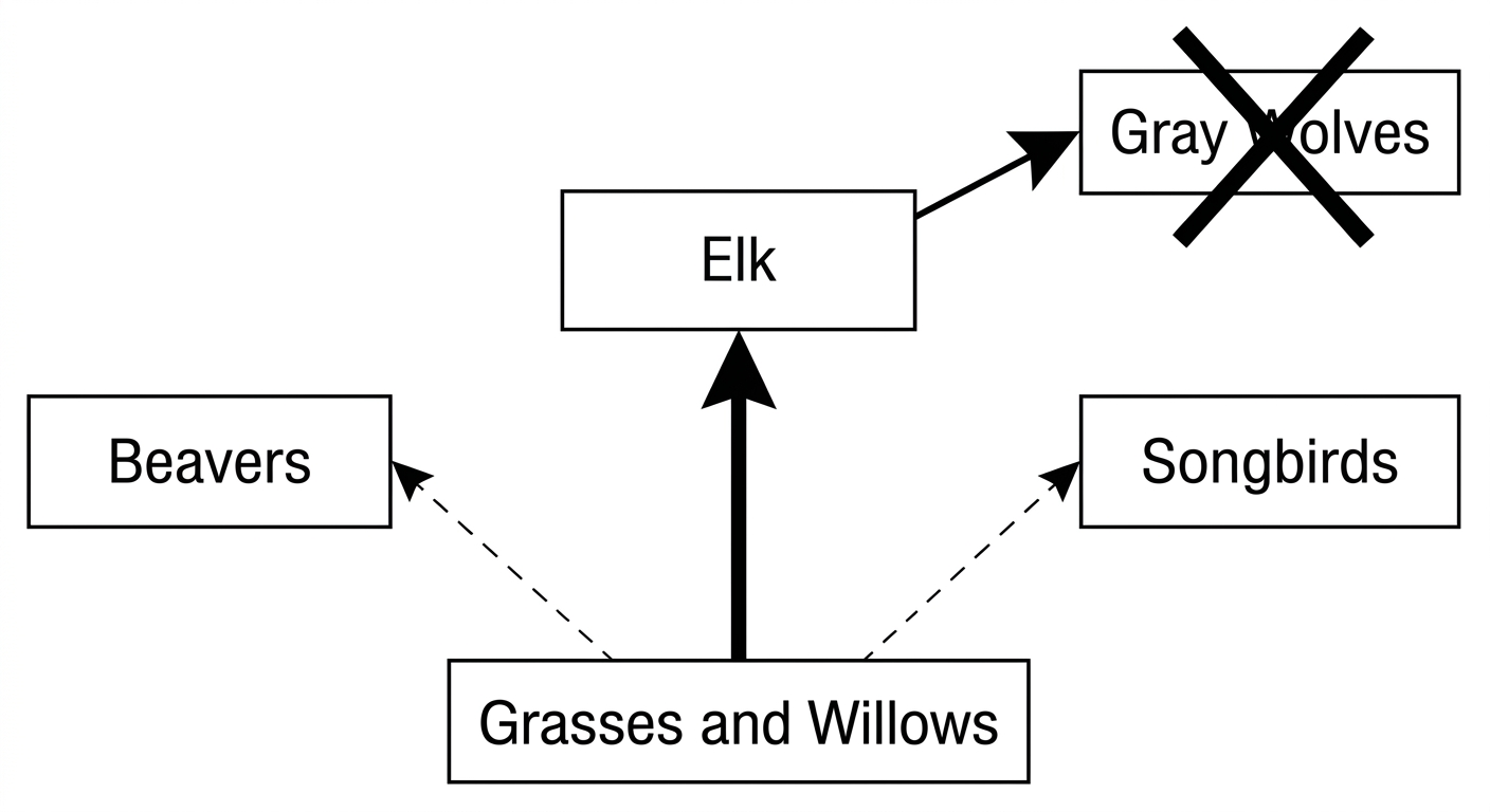 Food web showing wolves removed, thick energy flow to elk, and reduced flow to beavers and songbirds