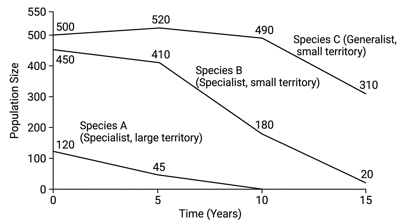 Line graph showing population sizes of three species over 15 years as habitat area decreases, with the large territory specialist declining to zero first.