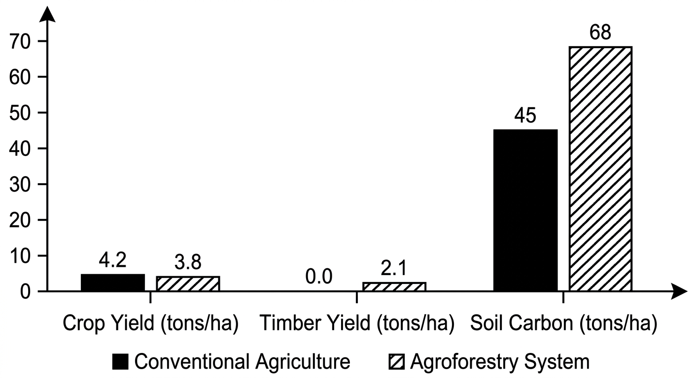 Bar chart showing agroforestry decreases crop yield slightly but increases timber yield and soil carbon compared to conventional agriculture.