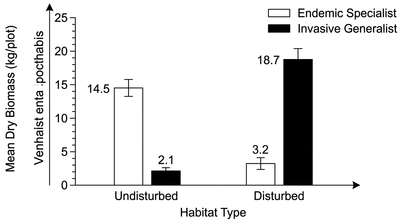 Grouped bar chart showing the endemic specialist has higher biomass in undisturbed habitats, while the invasive generalist has higher biomass in disturbed habitats.