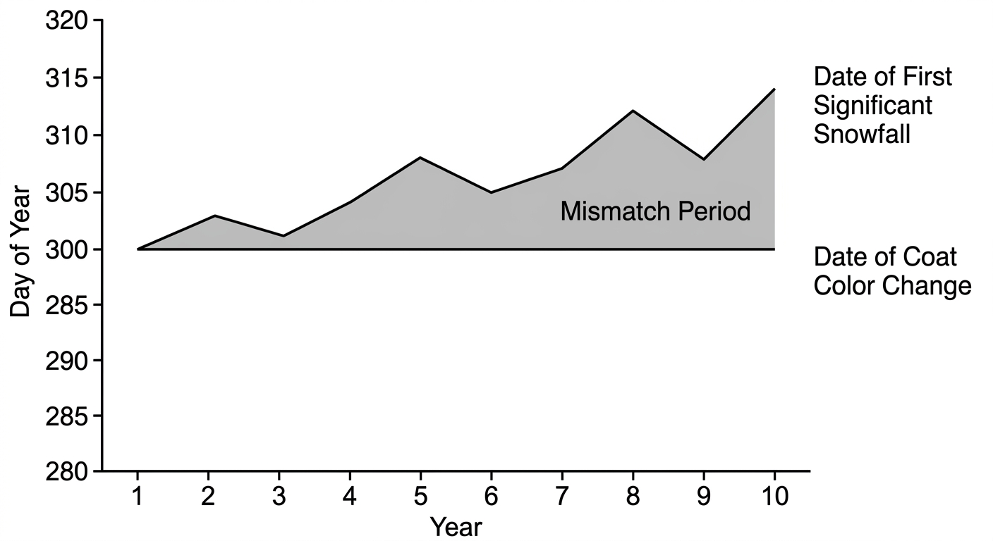 Line graph showing the date of first snowfall occurring later each year while the date of hare coat color change remains constant, creating a growing mismatch period.