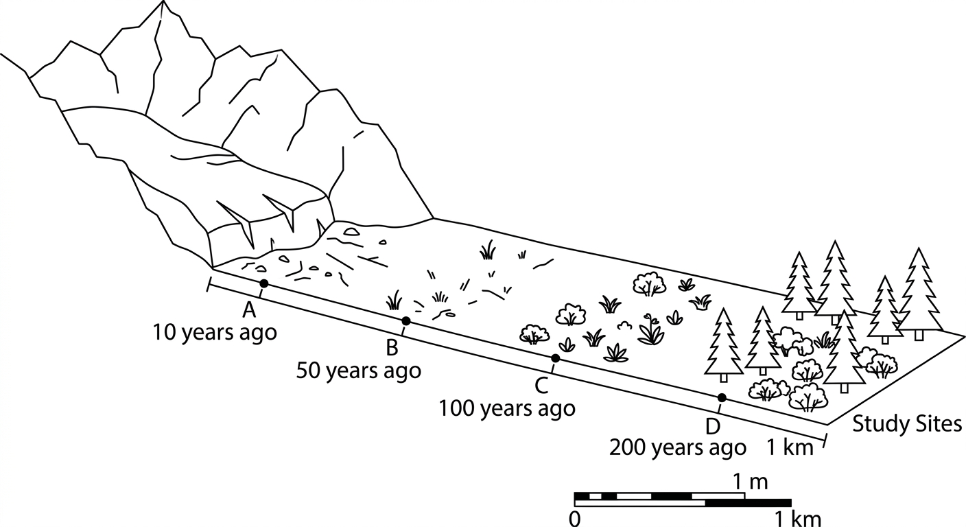 Diagram of a retreating glacier showing study sites at 10, 50, 100, and 200 years post-retreat.