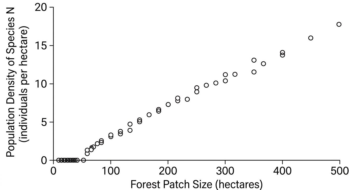 Scatter plot showing that Species N population density is zero in small forest patches and increases as forest patch size increases.
