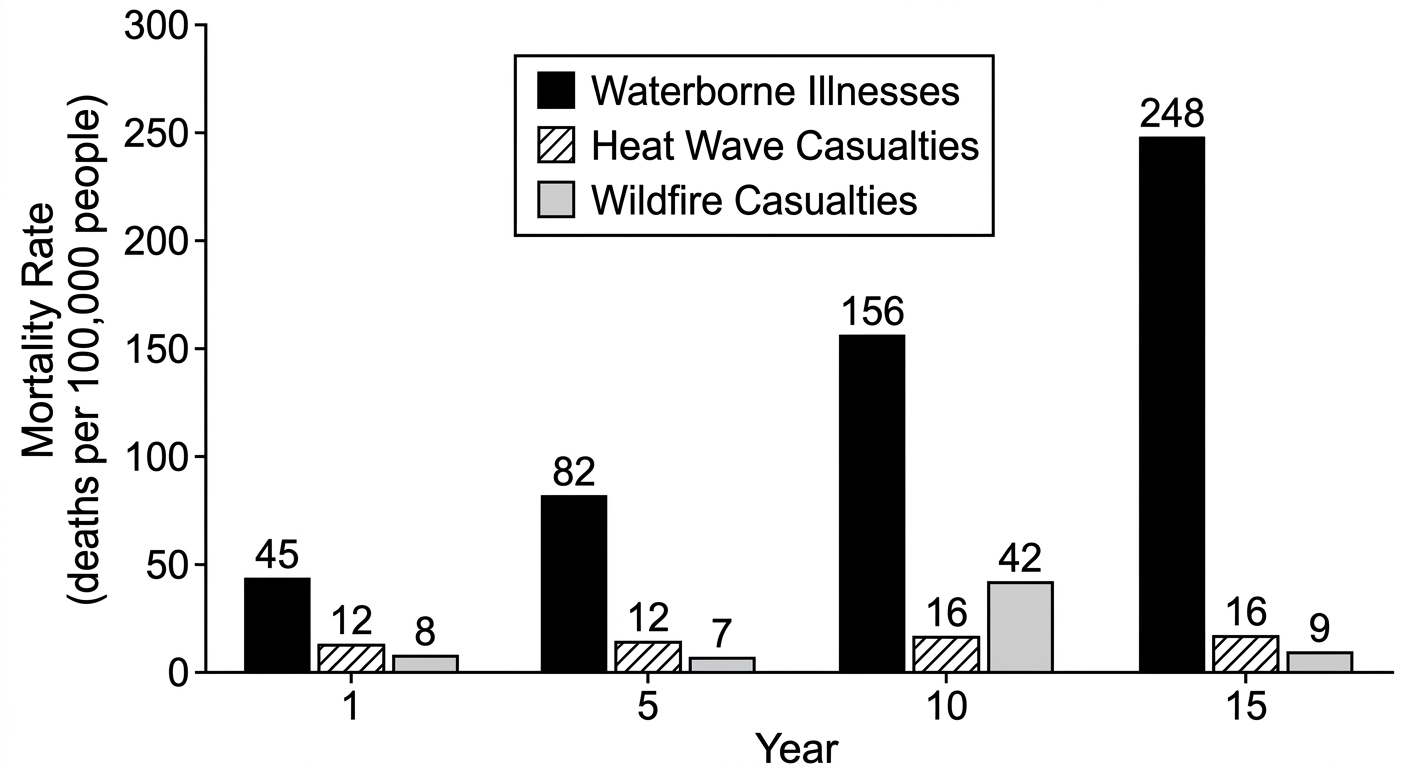 Grouped bar chart showing waterborne illnesses increasing dramatically over 15 years while heat wave and wildfire casualties remain low or fluctuate.