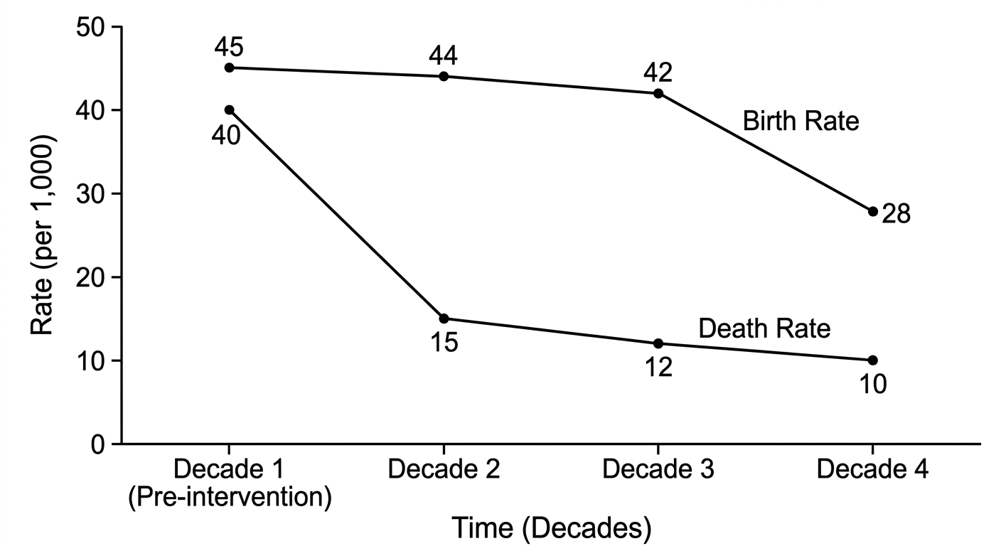Line graph showing death rate dropping immediately after intervention while birth rate remains high for two decades before declining.