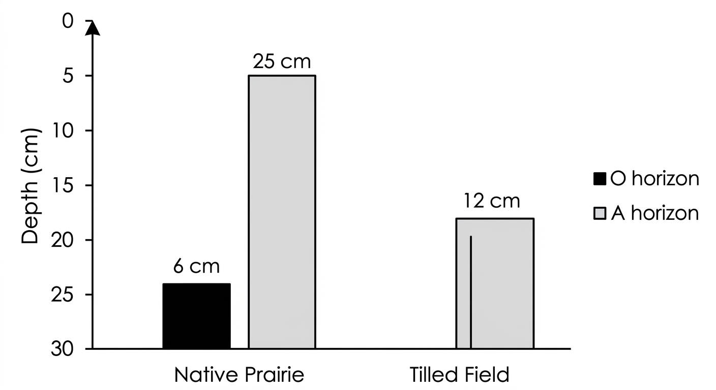 Bar chart showing deeper O and A horizons in native prairie compared to a conventionally tilled agricultural field.