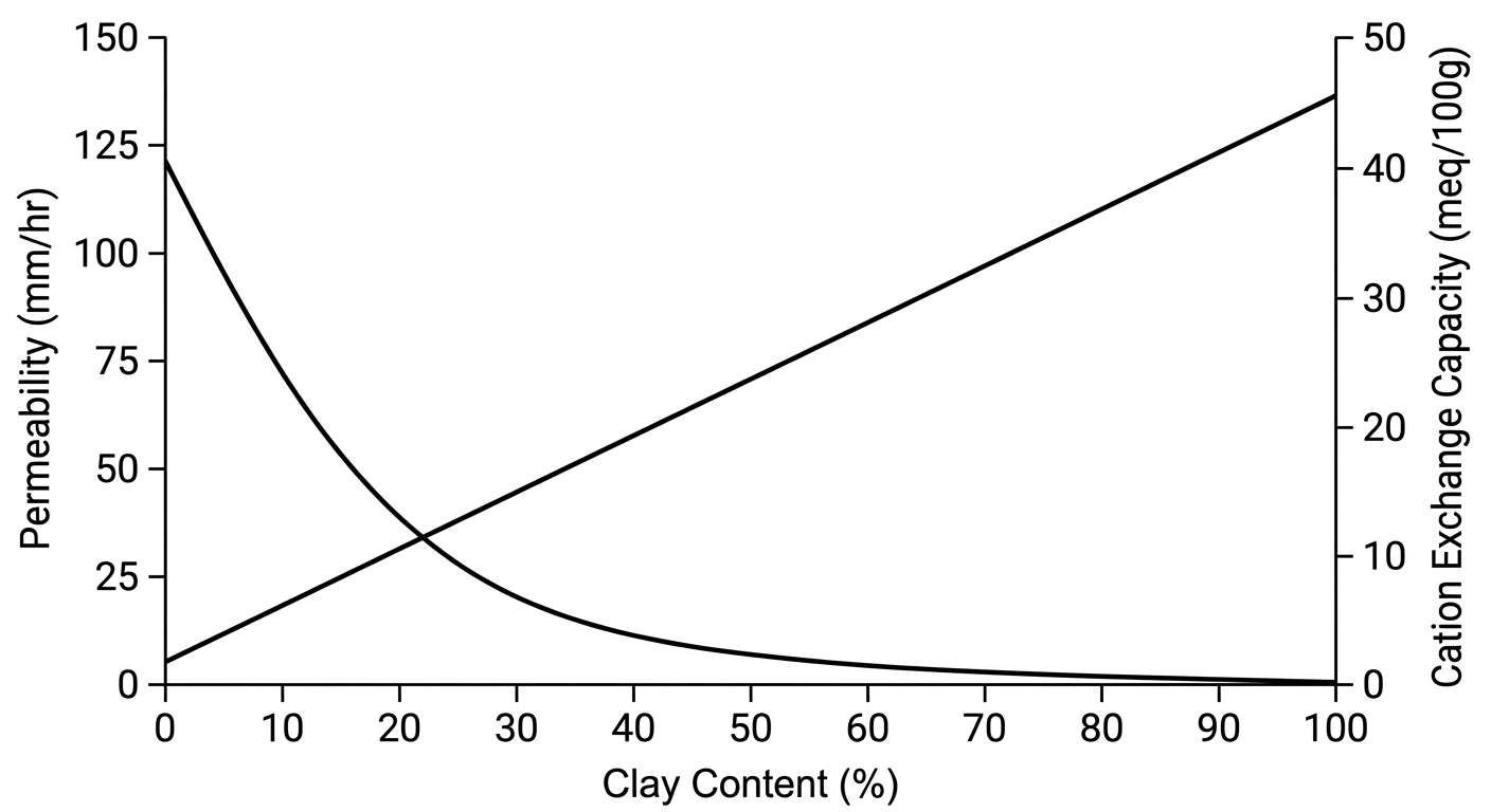 Line graph showing permeability decreasing and cation exchange capacity increasing as soil clay content increases.