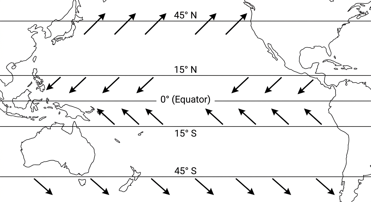 Diagram showing wind vectors pointing toward the equator and west at 15 degrees latitude, and toward the poles and east at 45 degrees latitude.