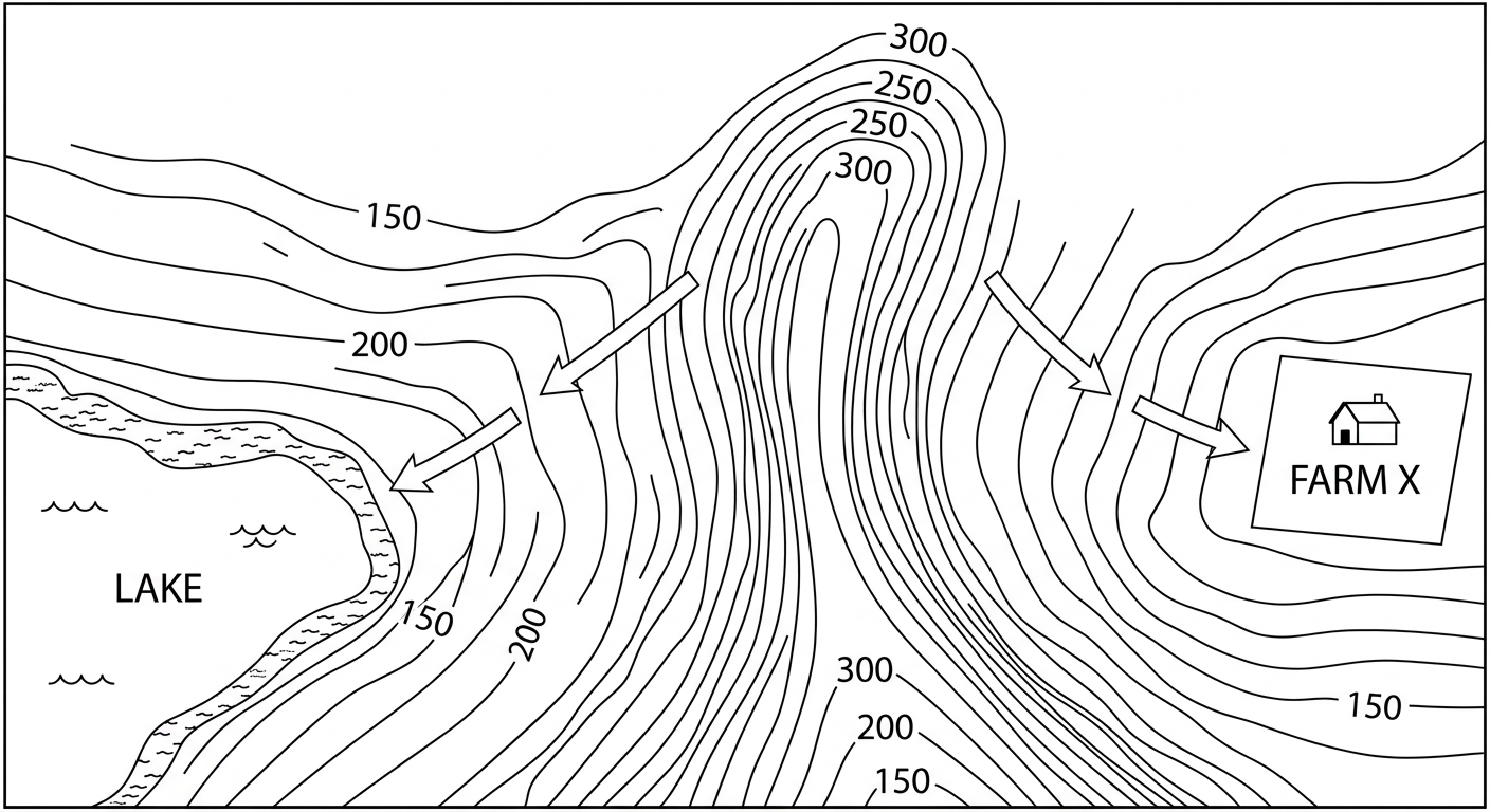 Topographic map showing a high ridge separating a lake and a farm, with runoff flowing in opposite directions.