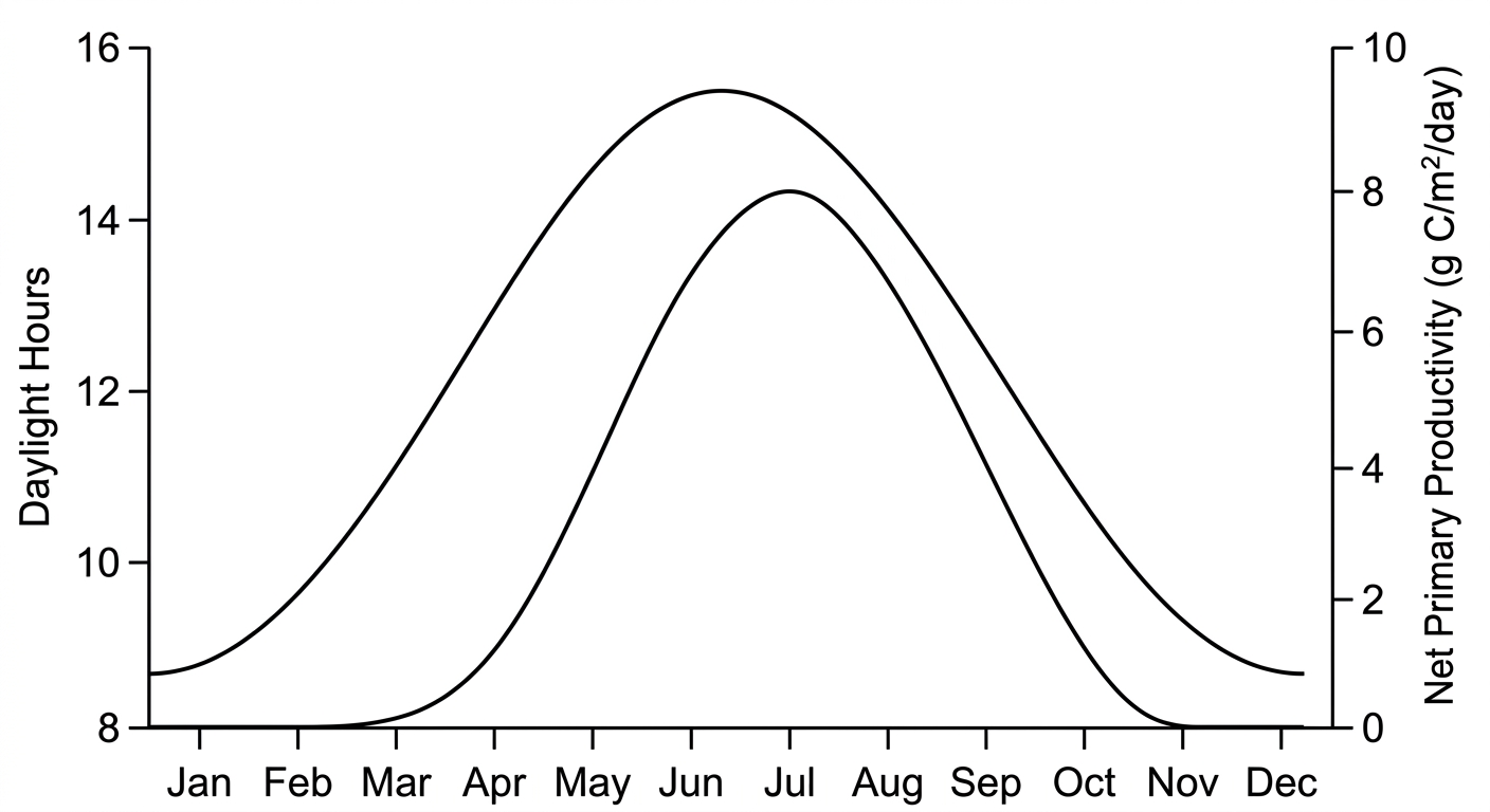 Line graph showing daylight hours and net primary productivity peaking in summer months and dropping in winter months.