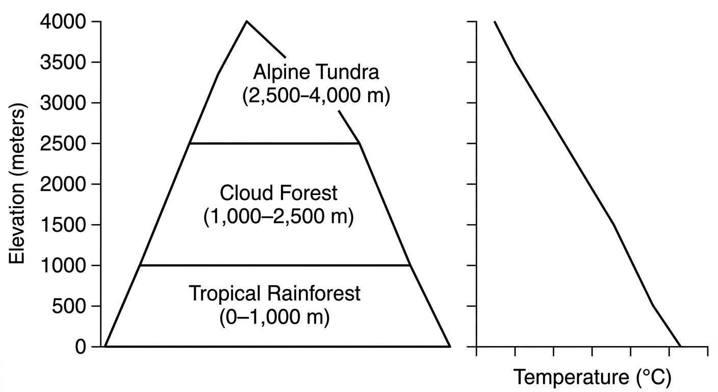 Mountain diagram showing different biomes at different heights, alongside a graph showing temperature dropping as elevation rises.