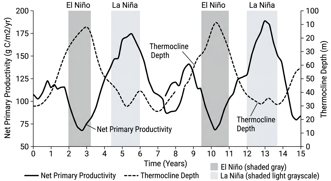Line graph showing that as thermocline depth increases during El Niño, net primary productivity decreases, and as thermocline depth decreases during La Niña, productivity increases.