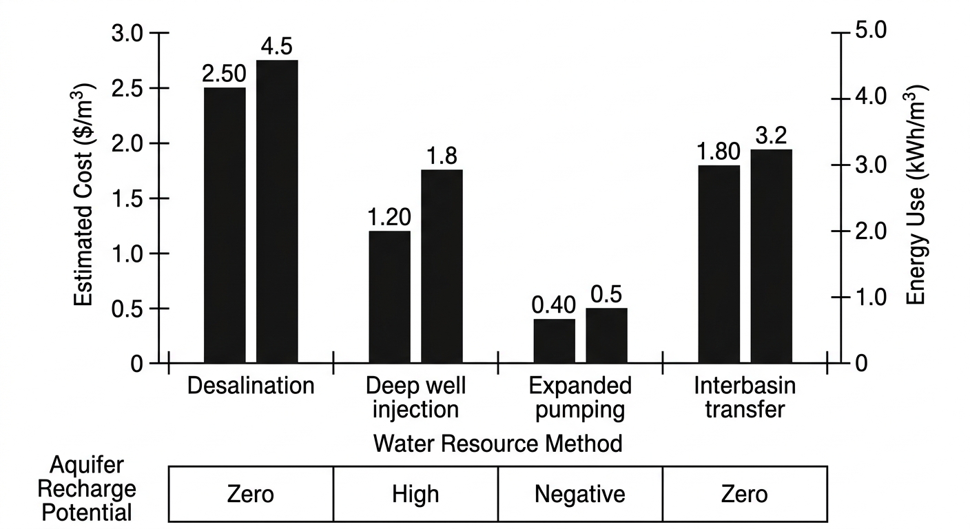 Bar chart comparing cost and energy use of four water management strategies, with a table showing aquifer recharge potential.