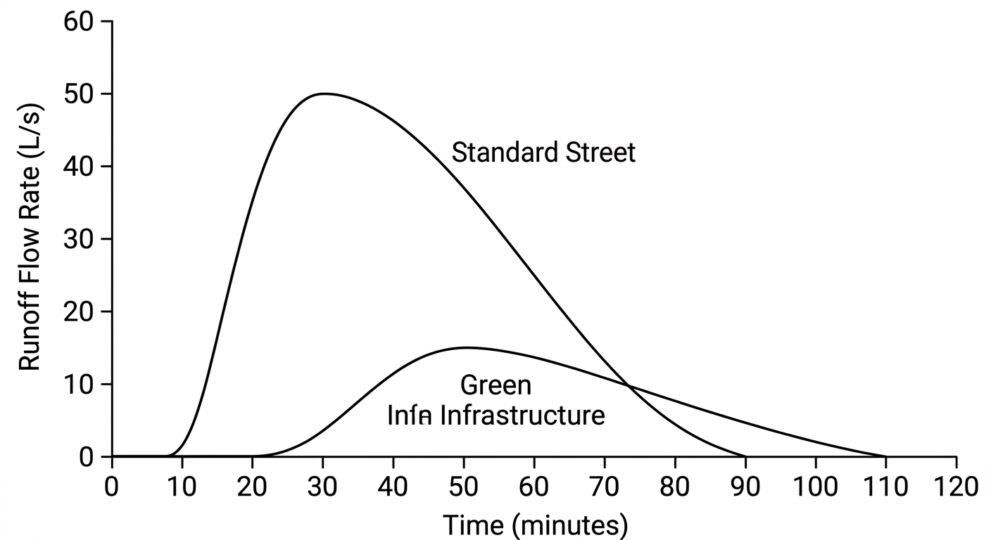 Hydrograph comparing standard street runoff with a sharp high peak to green infrastructure runoff with a delayed, much lower peak.
